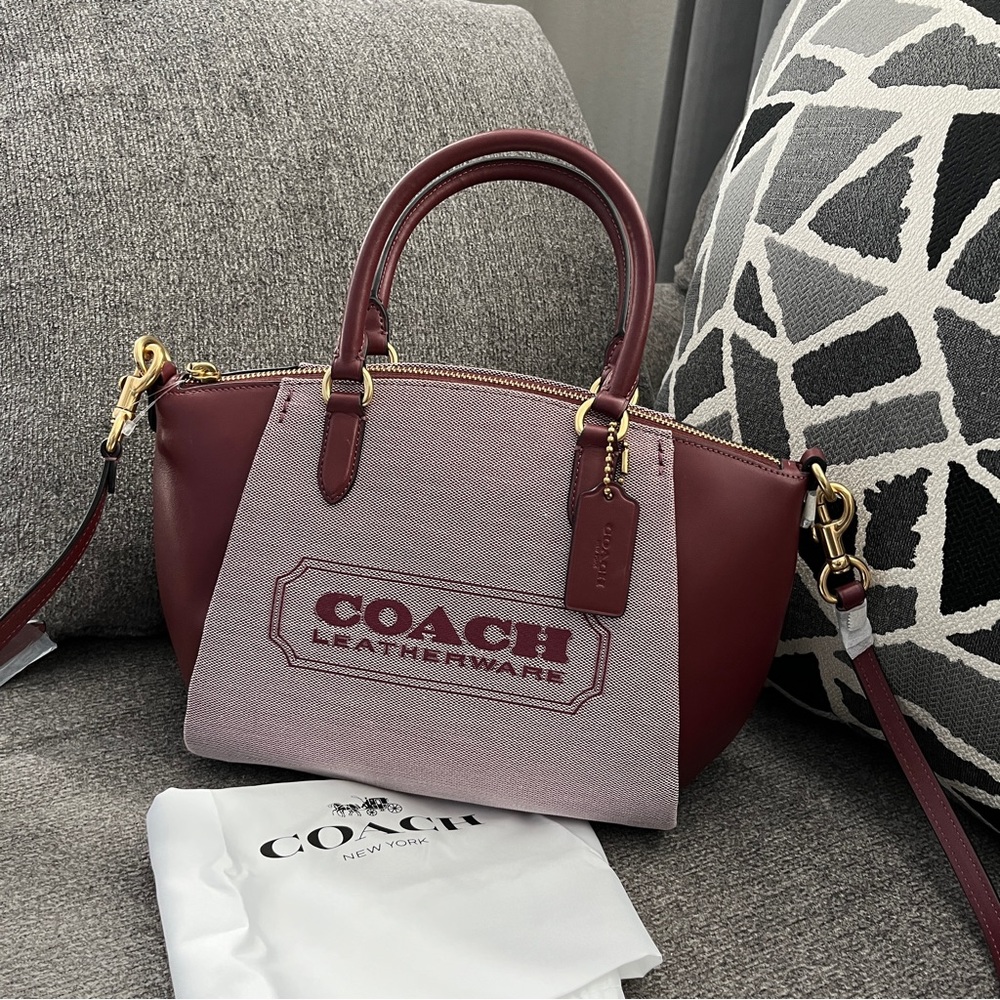 NWT Coach Elise Badge Jacquard Satchel Crossbody Bag In Wine Red C9079